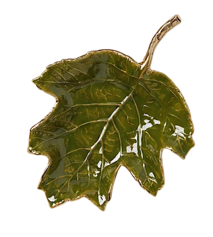 Autumn Allure Leaf Tray in green enamel with gold metallic trim and textured vein details.