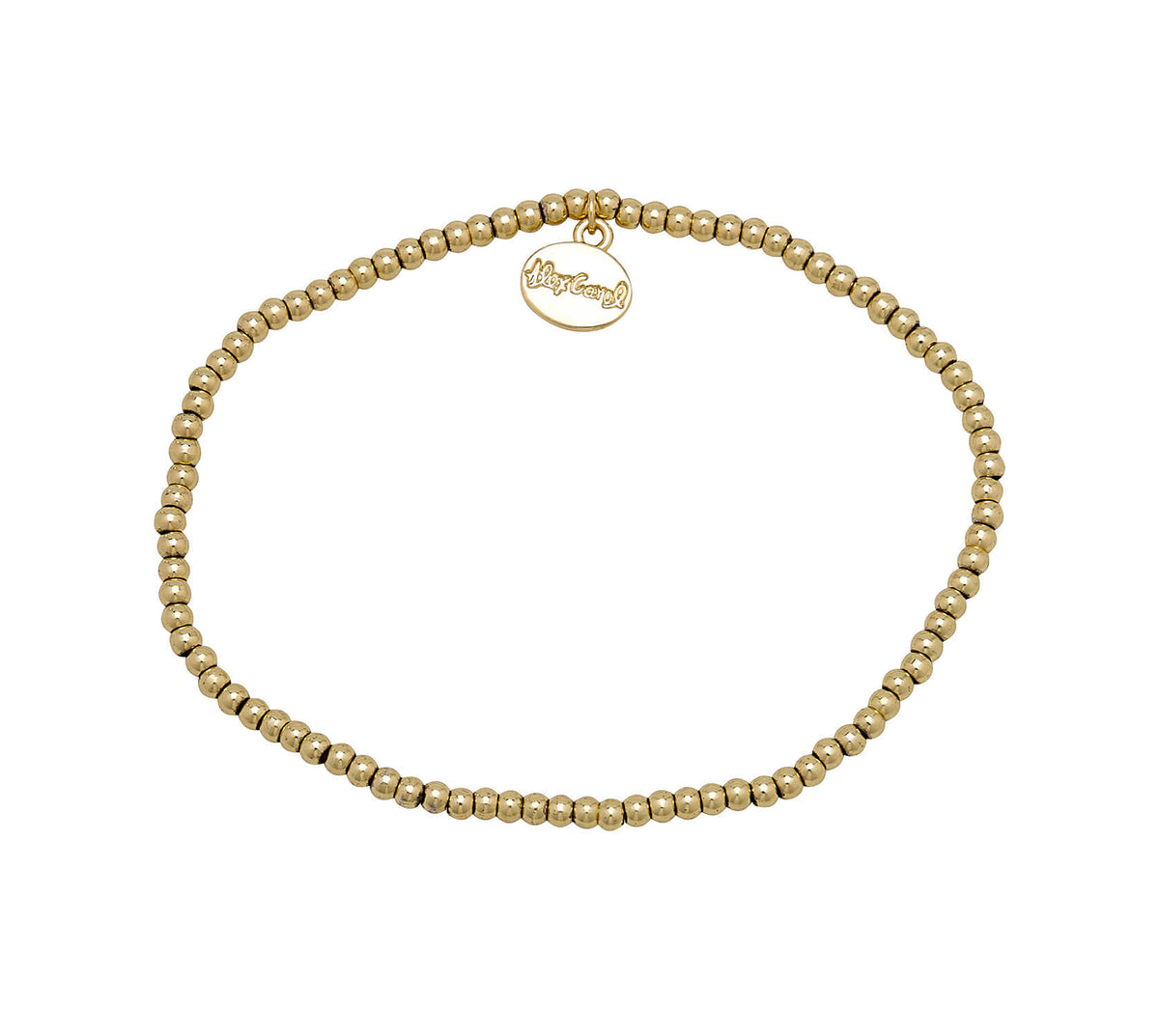 3mm gold ball anklet with a small round Alex Carol brand charm on a white background.