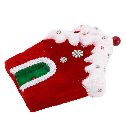 Red gingerbread house ornament with white icing trim