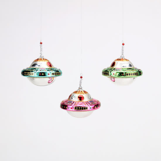 Glass UFO ornament with silver dome detailing on a clear stem.
