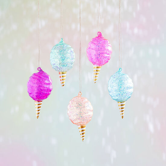 Glass cotton candy ornament in light pink with iridescent finish