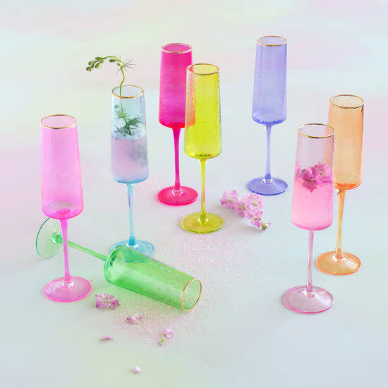Hand-blown rainbow champagne flute with gilded gold rim