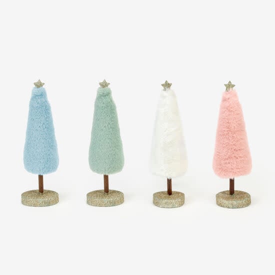 Small acrylic fur tree on a wooden base with natural brown tones.