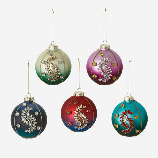 Glass jewel ball ornament with ornate detailing in a spherical shape.