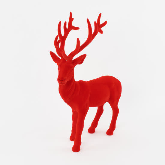 Flocked red deer figurine with antlers, approximately 32 inches tall.