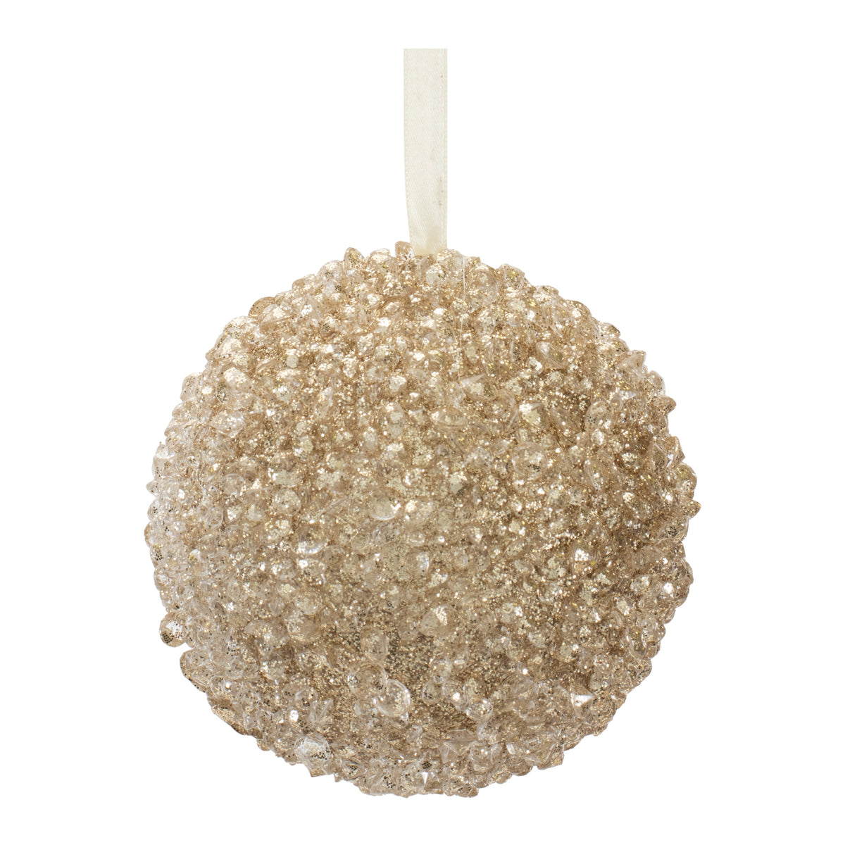 Gold beaded ball ornament with a textured glitter finish and a white hanging ribbon.