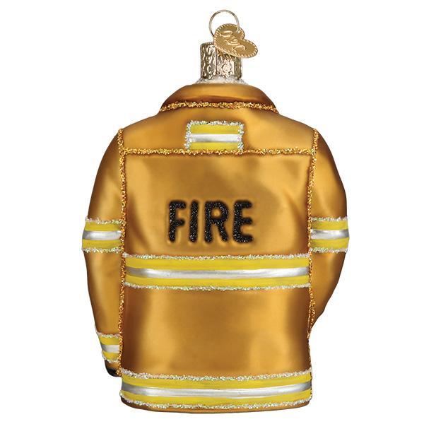 Gold glass firefighter's coat ornament with yellow reflective stripes and 'FIRE' on the back.