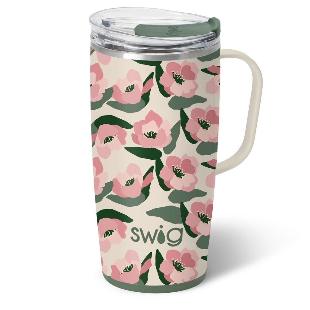 Silver stainless steel travel mug with a black silicone base and removable lid slider.