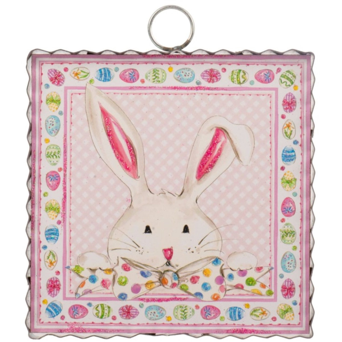 Mini bowtie bunny print wall hanging featuring a white fabric with black bowtie patterns and rabbit silhouettes.