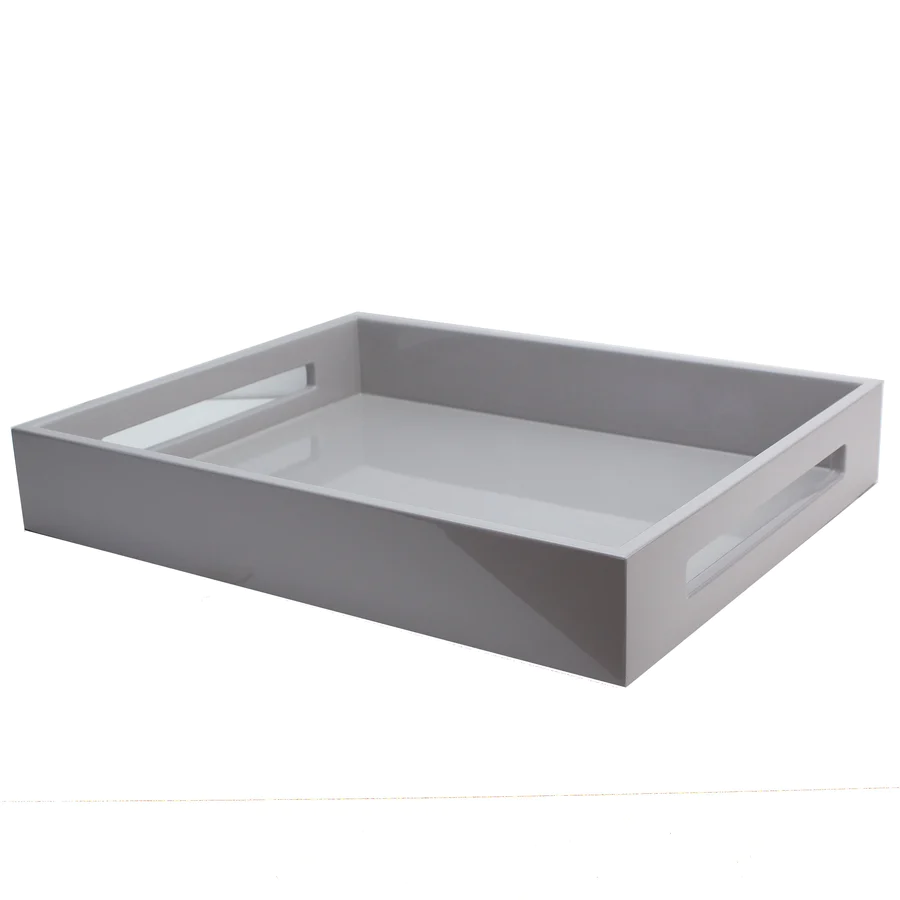 Chiffon grey medium lacquered serving tray with rectangular cutout handles.