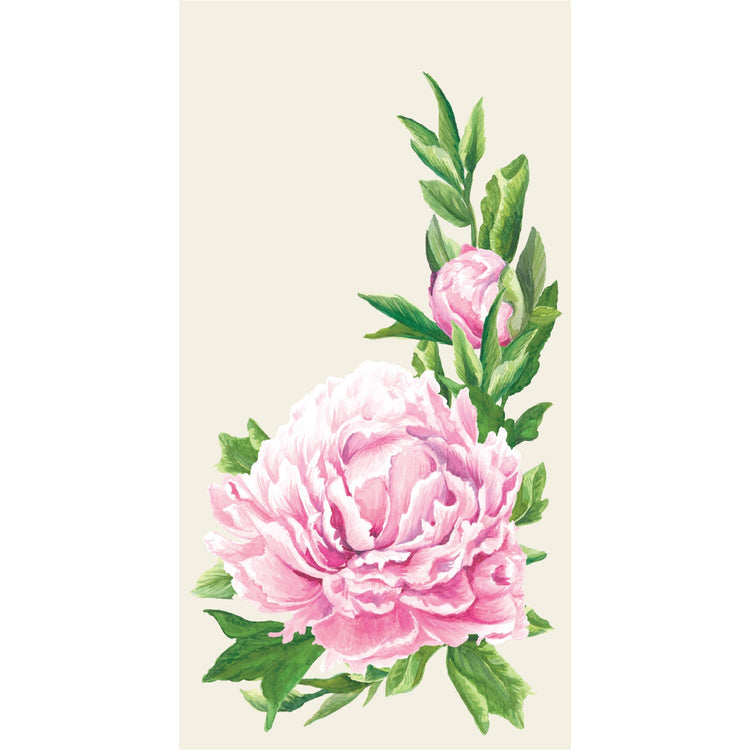 Guest napkin featuring a detailed watercolor illustration of a pink peony flower with green leaves.