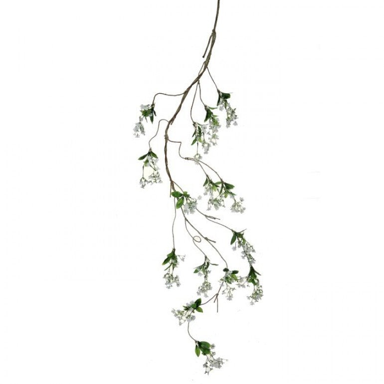 65-inch Wild Fairy Blossom garland with artificial white flowers and greenery arranged in a flowing curve.