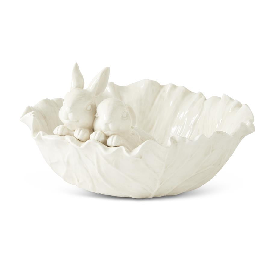 Antiqued white dolomite cabbage bowl with rabbit figures