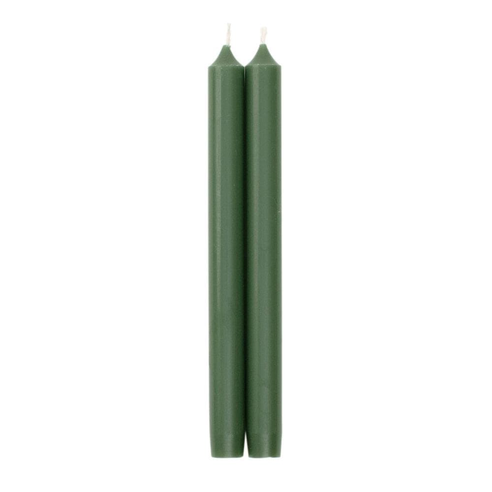 Set of two straight taper candles in hunter green with a tapered bottom.