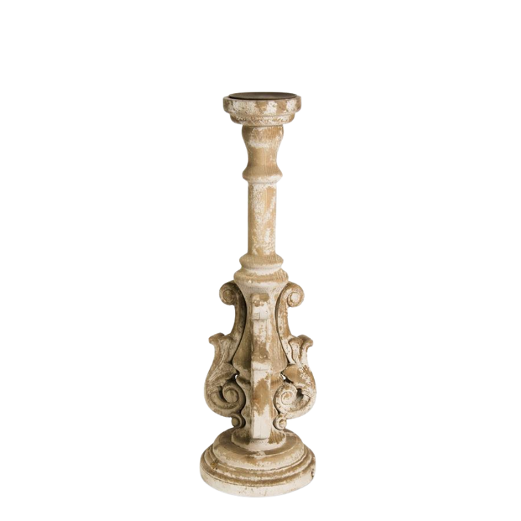 Distressed wood ornate candleholder with intricate sculptural flourishes and a flared base.