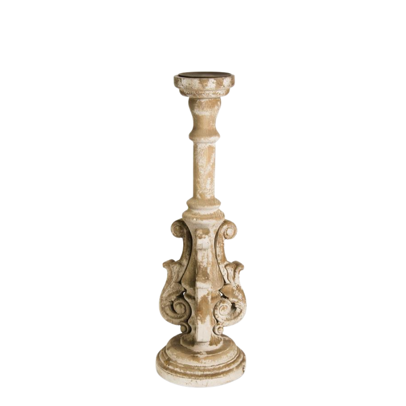 Distressed wood ornate candleholder with intricate sculptural flourishes and a flared base.