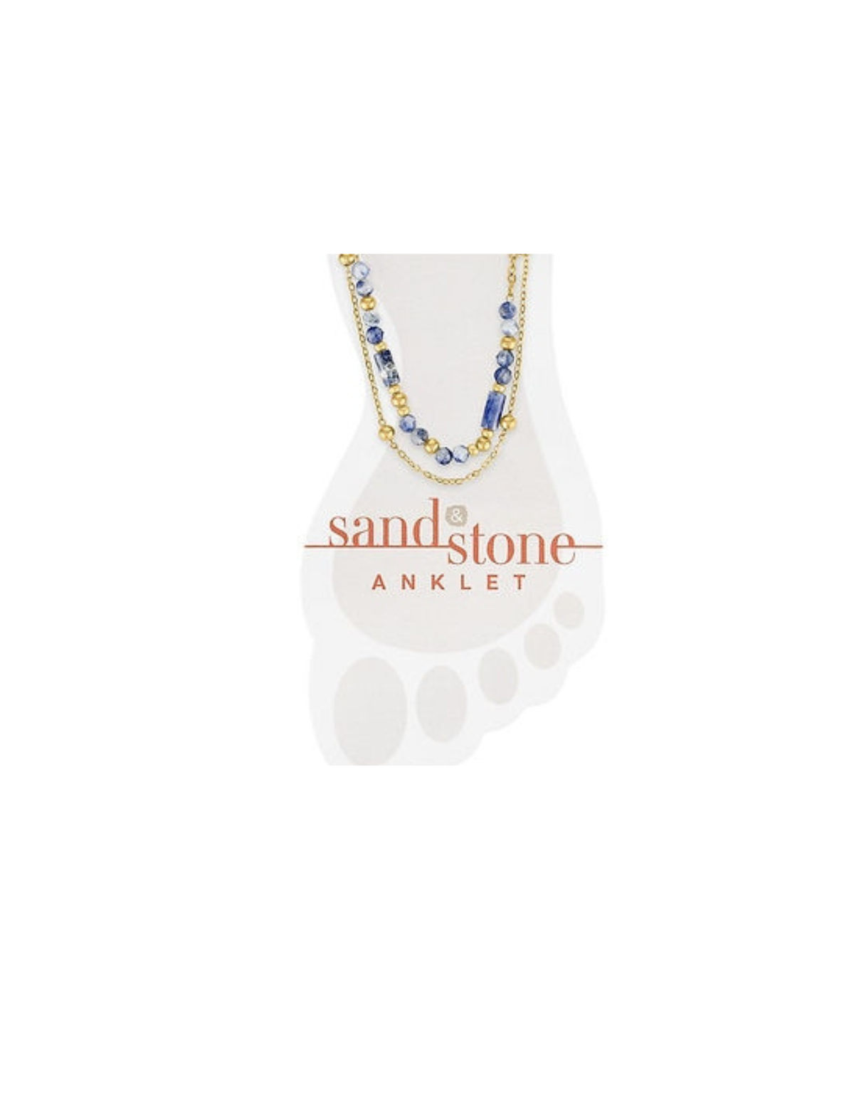 Gold duo anklet with layered ball chains and natural navy blue stone beads on a foot-shaped card.
