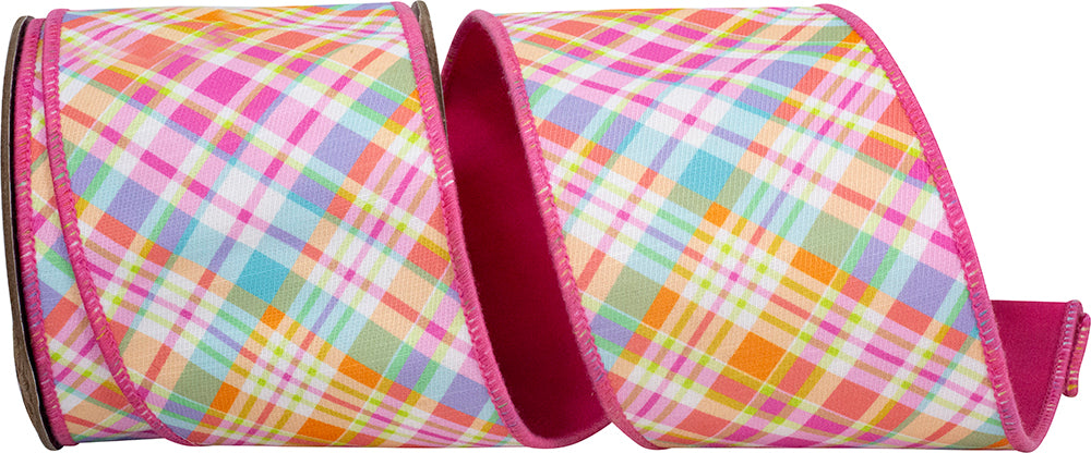 Bright plaid diagonal wired edge ribbon with deluxe backing in polyester.
