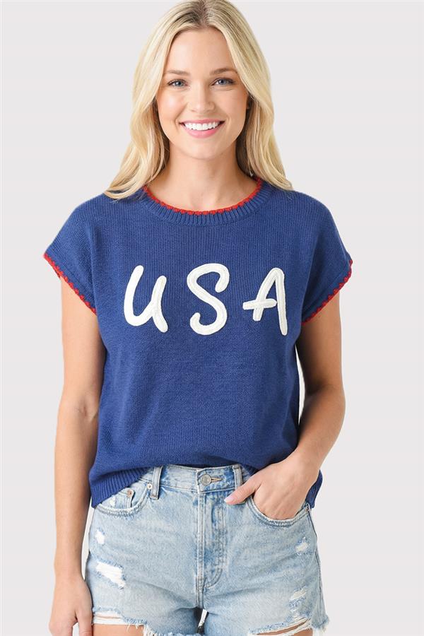 Amara USA Embroidery Short Sleeve Sweater