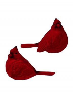 Two 6-inch red resin cardinals with a soft flocked finish, shown from different angles.