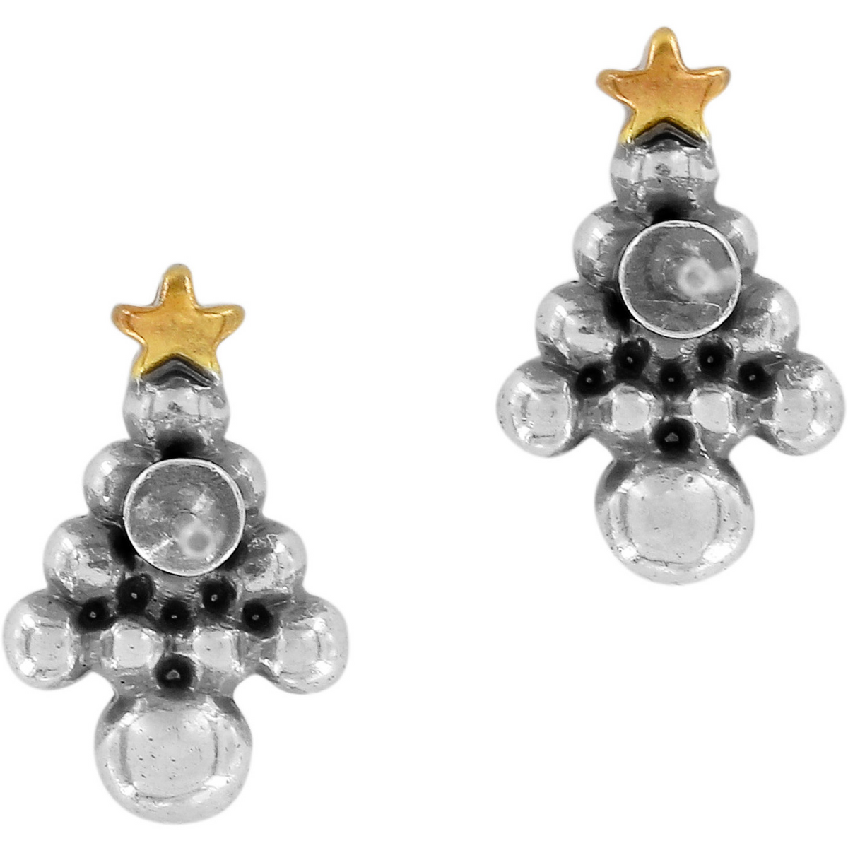 Silver Christmas tree post earrings with a gold star on top and black dot accents.