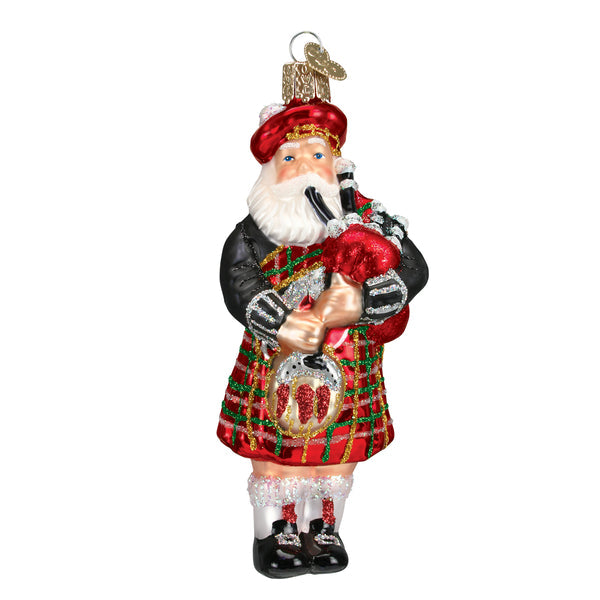 Highland Santa ornament featuring a red suit with white trim on a gold silhouette.
