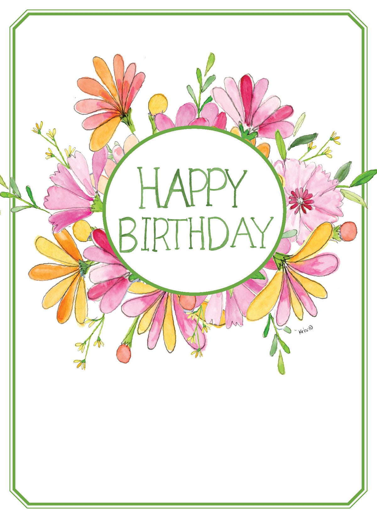 Floral birthday card featuring watercolor flowers and 'HAPPY BIRTHDAY' in a green circle.