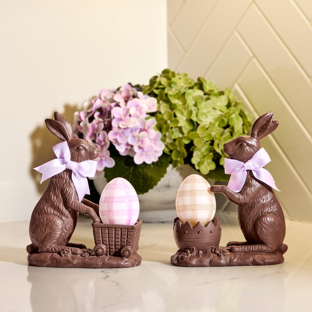 6.5-inch resin chocolate bunny figurine with a whimsical cart detail in brown and tan tones.