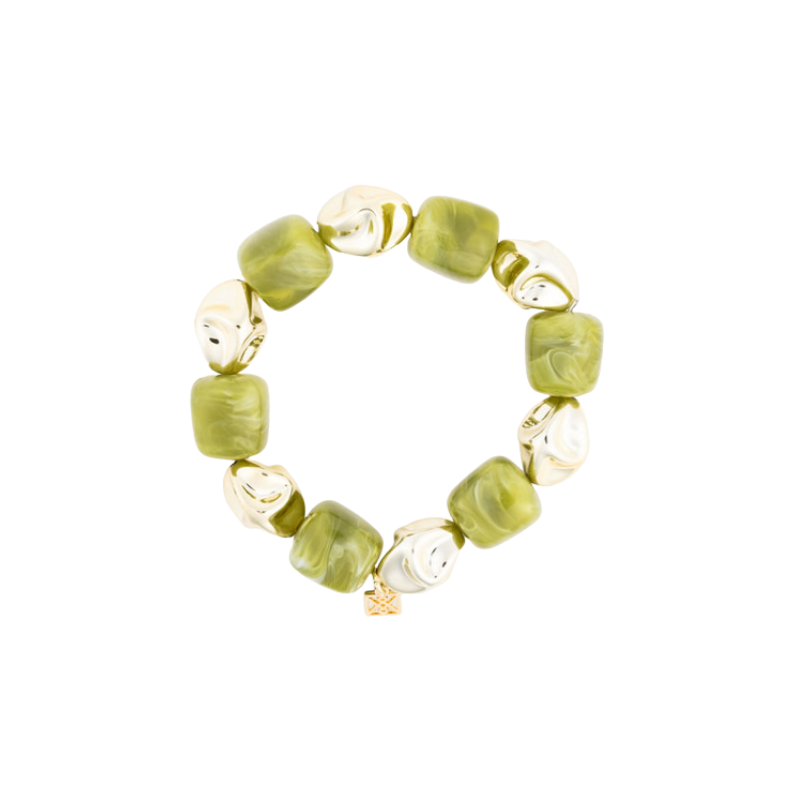Lyla Bracelet featuring alternating chunky green marbled resin and polished gold-tone beads.