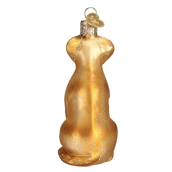 Back view of a golden glass Yellow Labrador ornament with glitter accents and a heart-shaped tag.