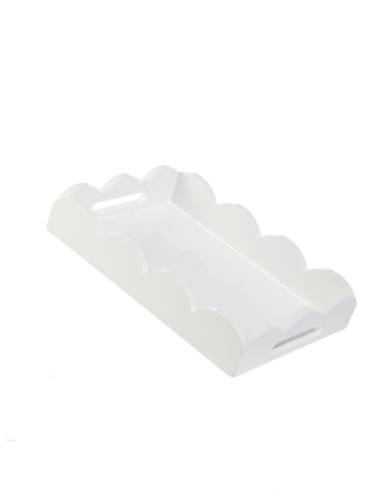 Rectangular white MDF tray with decorative scalloped edges and cutout handles.