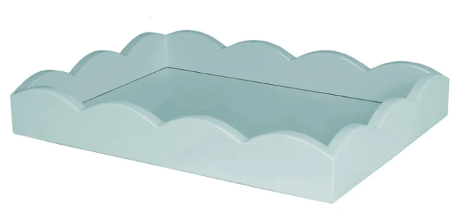 Cream velvet small lacquered tray with embossed logo and scalloped edge