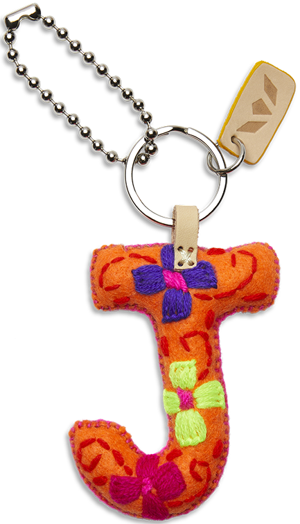 Felt letter charm attached to a metal chain with an eyelet.
