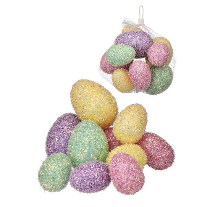 Set of ten iridescent glitter egg bags measuring five inches by three point five inches.