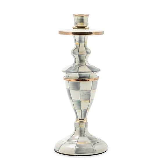 Hand-painted Sterling Check enamel candlestick with brass accents and a bronzed stainless steel rim.