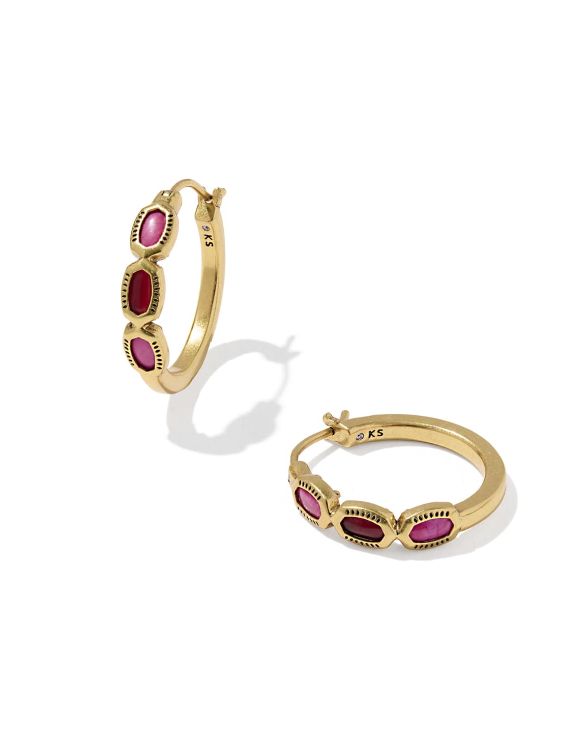 Mini Elisa Hoop Earrings in vintage 23k yellow gold over brass with three pink and red stones.