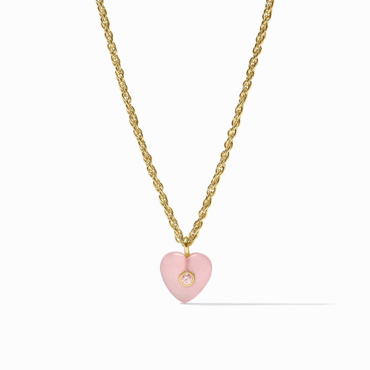 Delicate heart pendant necklace in pink quartz with gold plating on a silver chain