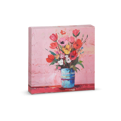 6-inch square wall art featuring blooming flowers on canvas mounted to an MDF frame.