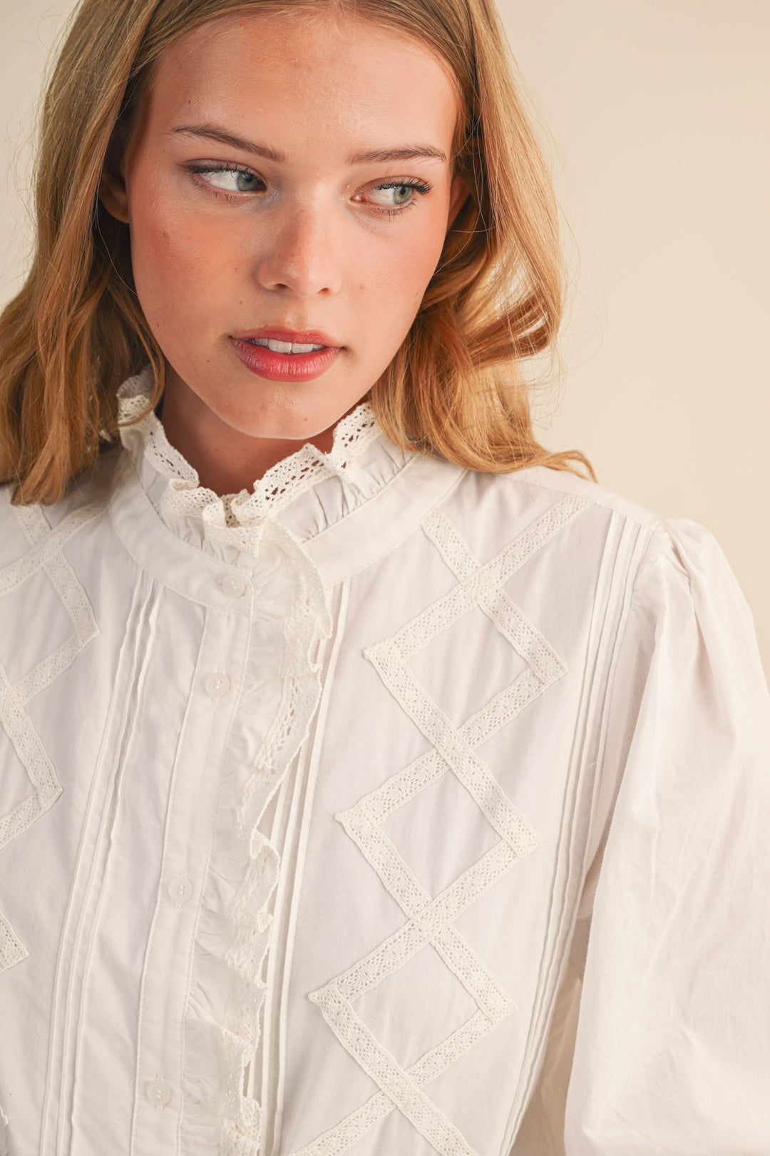 Lucy Ruffled Lace Trim Button Down Top