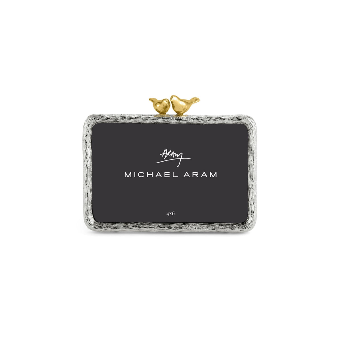 Goldtone nickelplate frame holding a 4x6 photo with removable tabs.
