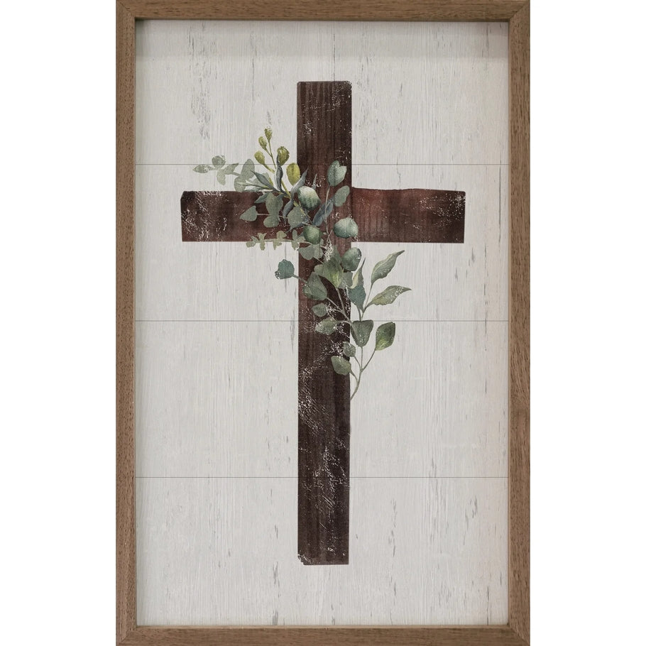Hand-painted cross with greenery motif on whitewash American hardwood plank in a natural walnut frame.