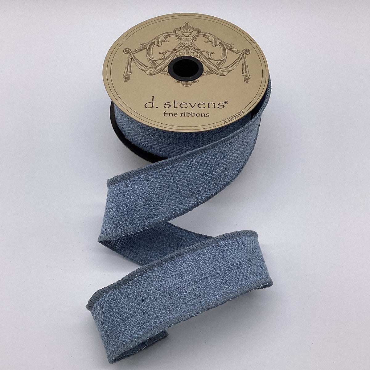 1.5 inch Cadet Blue faux linen herringbone ribbon on a d. stevens spool.