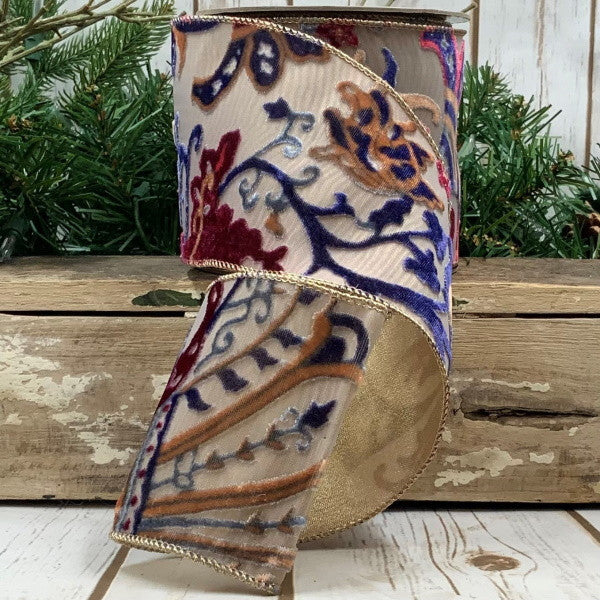 4” x 10yds Velvet Sheer Blue/Burgundy Art Nouveau, Gold Ribbon