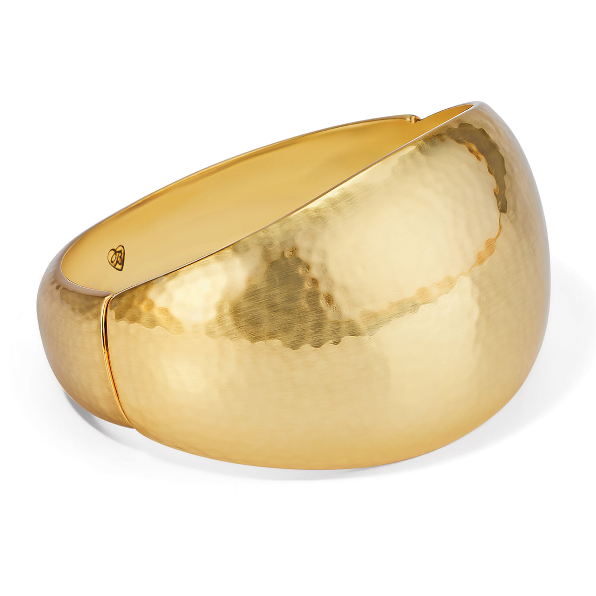 Brushed gold hinged bangle with magnetic closure featuring a hammered finish.