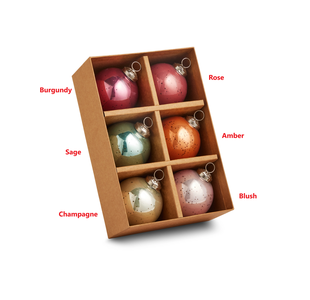 A set of 3-inch pearlescent glass ball ornaments in burgundy, rose, sage, amber, champagne, and blush