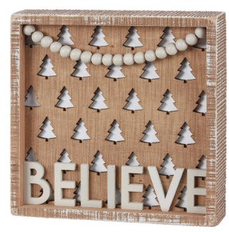 Believe inset box sign in natural stain wood with gray wash frame and hanging wooden beads