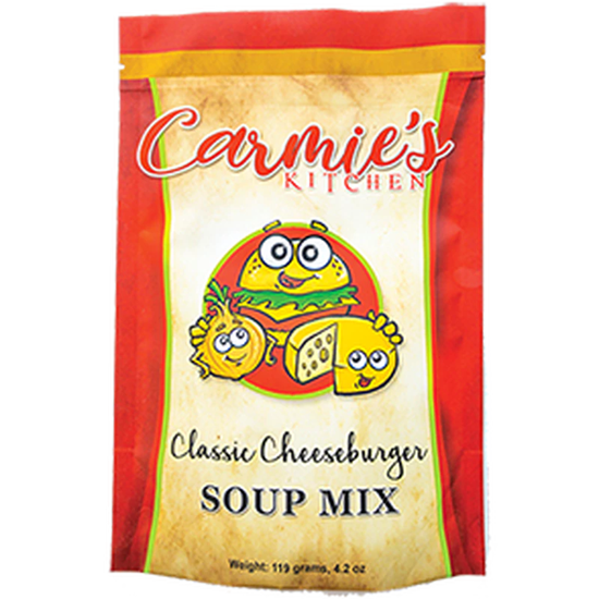 Bag of Classic Cheeseburger Soup Mix with red and white label text.