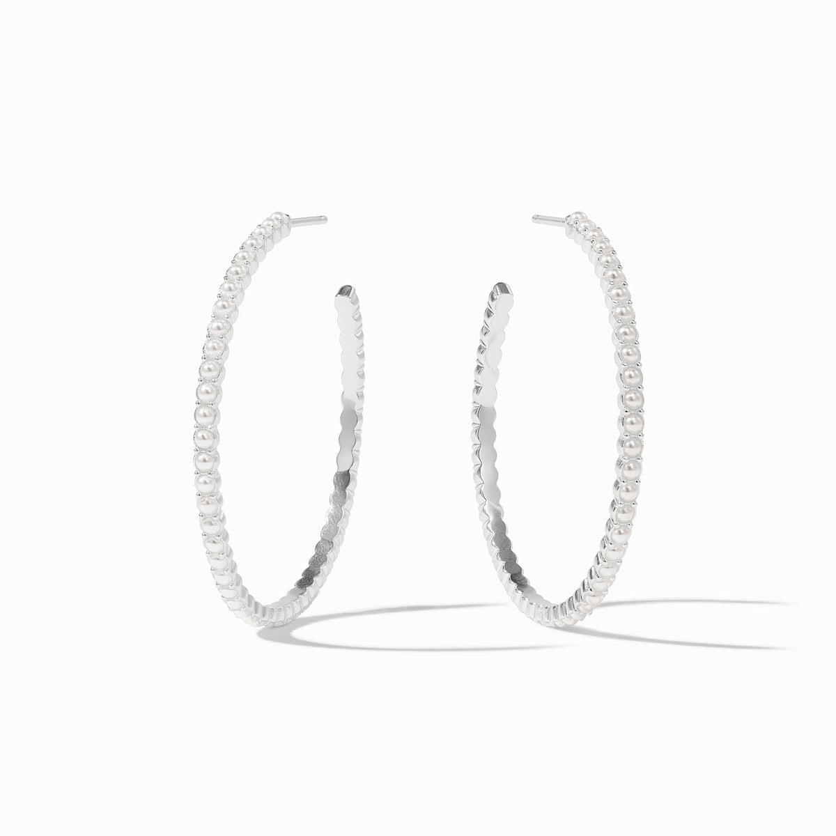 Juliet Hoop Silver earrings featuring a row of glass pearls on a silver-plated hoop.