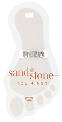Silver Greek key pattern toe ring displayed on a foot-shaped Sand & Stone card.