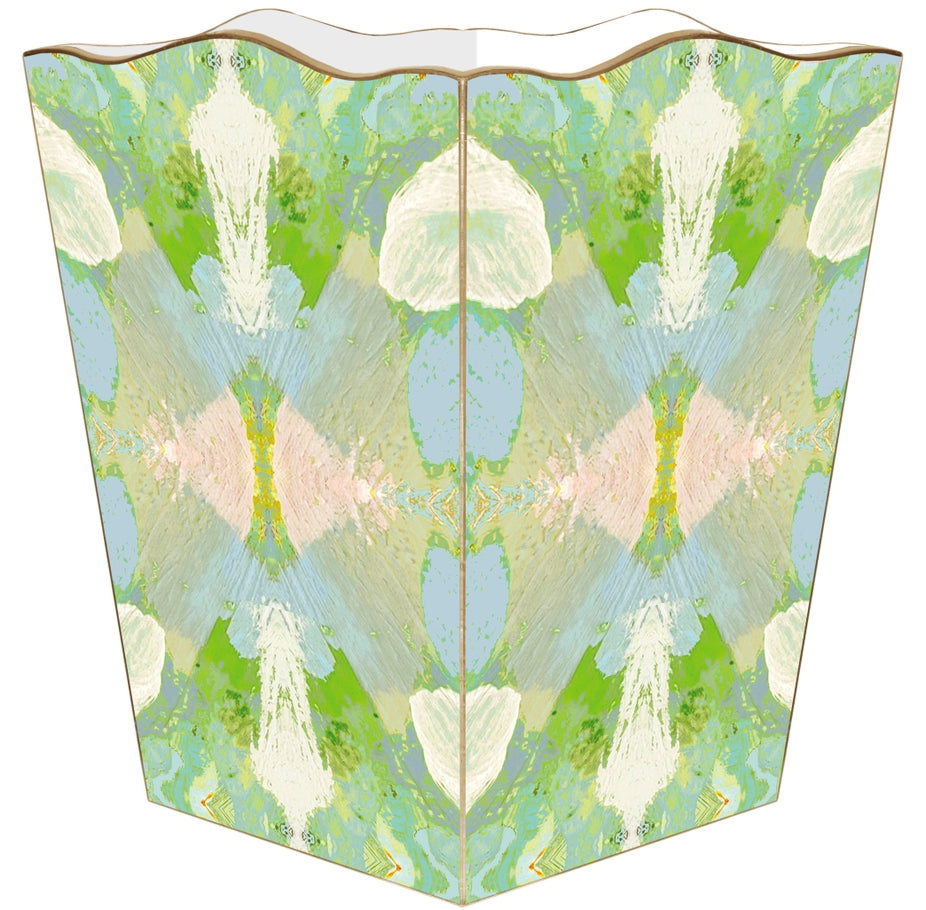 Scalloped top wastepaper basket with a green, blue, and white abstract painterly pattern.